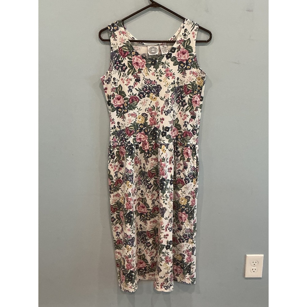 Vintage 90s Womens Sleeveless Cotton Shift Dress M White Floral Feminine Modest